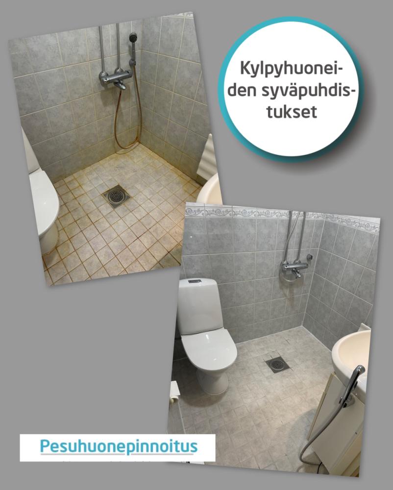 Kylpyhuoneen syväpuhdistus, laatta- ja silikonisaumat.
