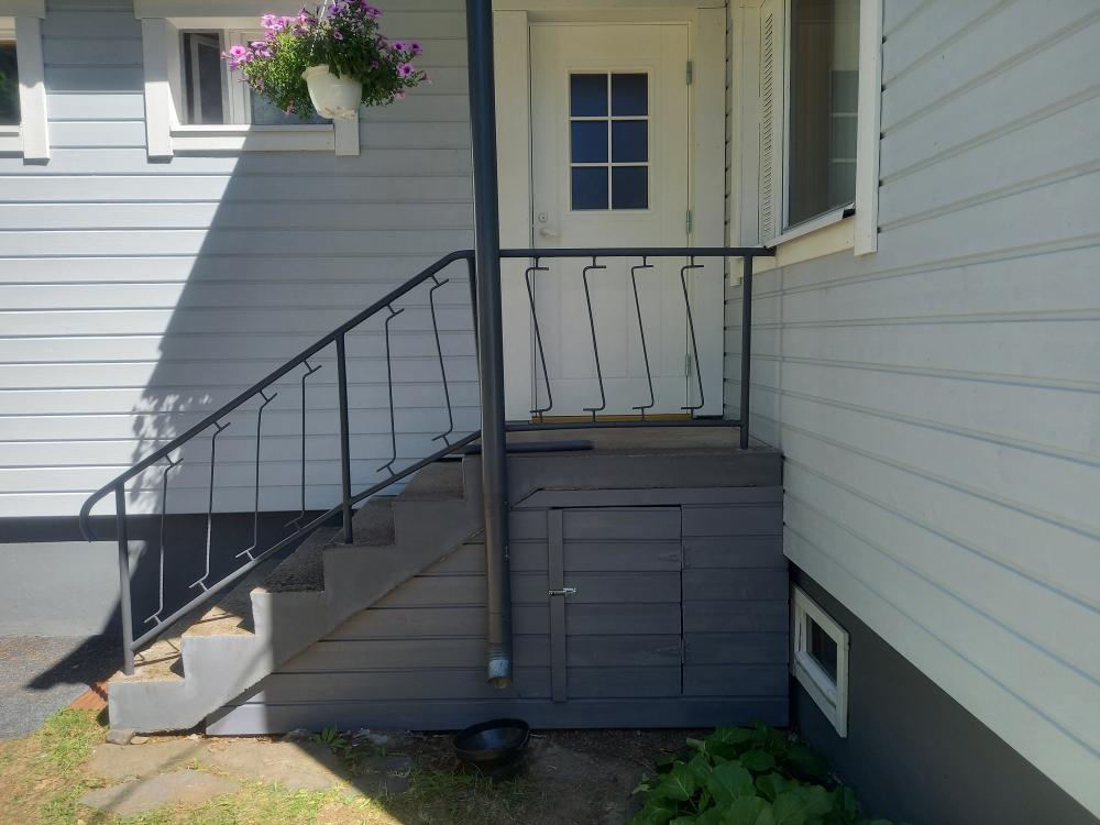 Ulko-oven vaihto. Kaiteiden korjaus & maalaus. Rappusten alaosan panelointi.