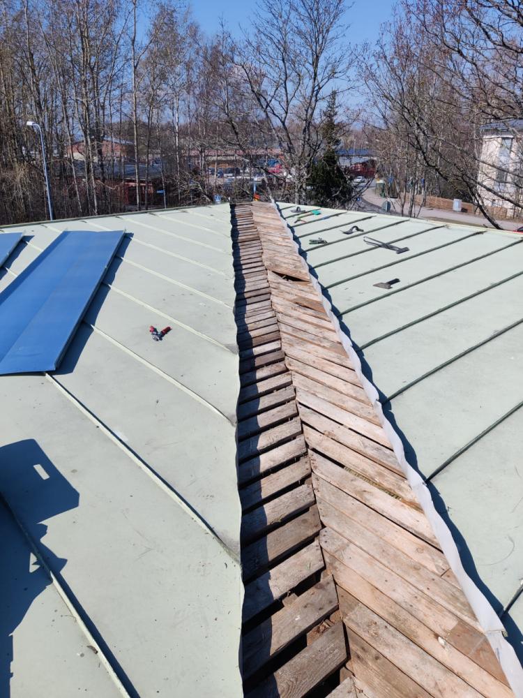 Omakotitalon katon pitkä jiiri uusittiin käsin saumattu