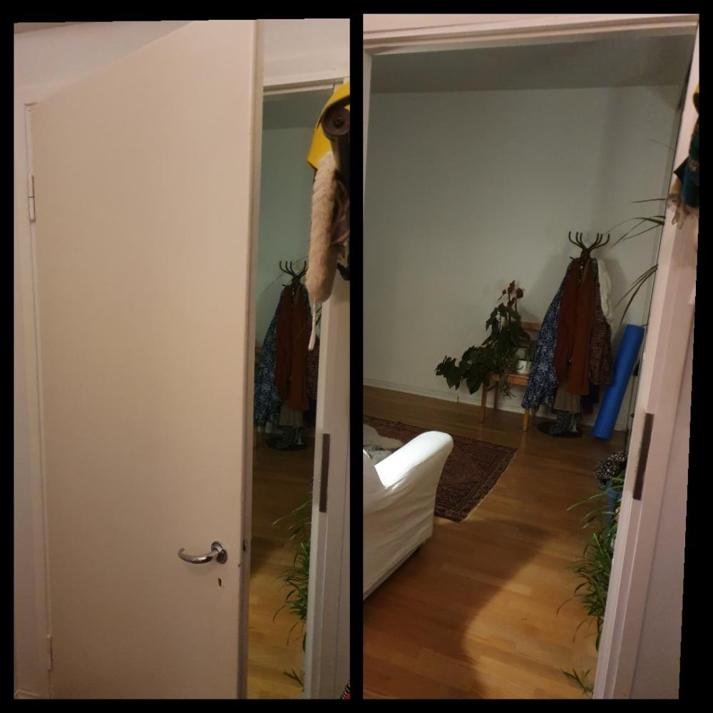 Asiakkaalla oli vanha ovi, jonka halusi olohuoneeseen johtavaan aukkoon. Tehty karmi itse ja asennettu paikoilleen karmi + ovi.