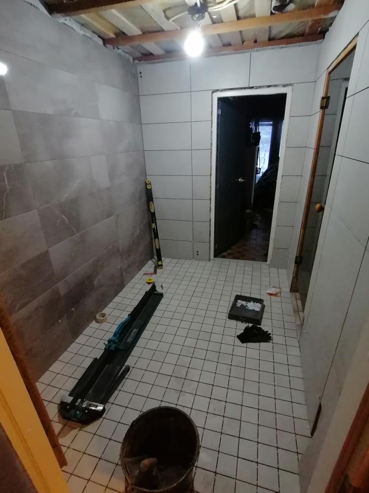 Kylpyhuoneen kokonaisvaltainen saneeraus: vedeneristys, laatoitus ja paneelikatto