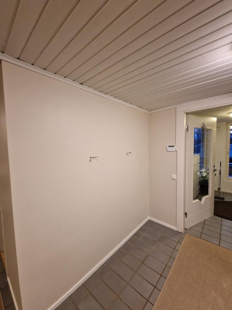 Eteisen ja aulan paneelikaton maalaus ja seinien maalaus, portaikon seinien maalaus