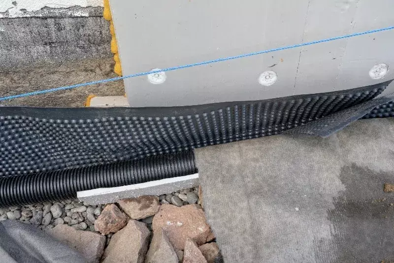 Rakennustyömaalla sokkelin edessä muovisia salaojputkia